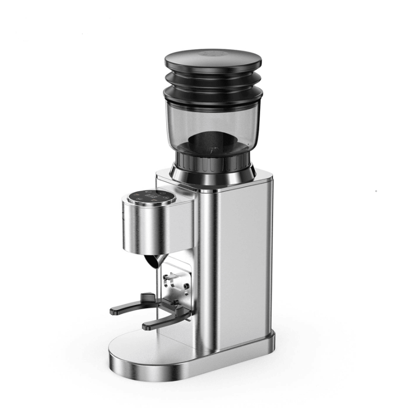 Full product view of the PSG7-SL grinder beside its portafilter holder.