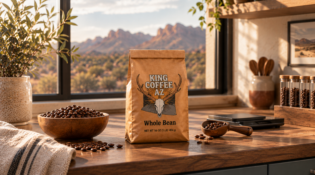 King Coffee Roasters Arizona coffee beans displayed in a home coffee bar with grinder and freshly brewed espresso.