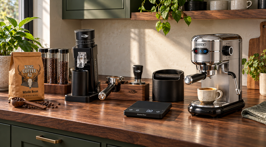 Organized home espresso bar with espresso machine, burr grinder, coffee scale, tamper, and fresh coffee beans.