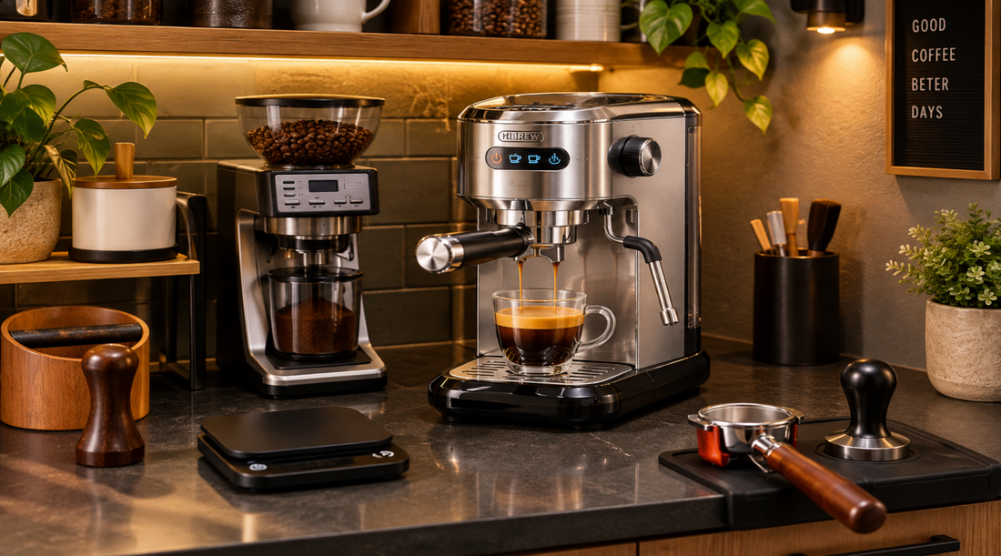 Compact home espresso machine setup on a kitchen counter