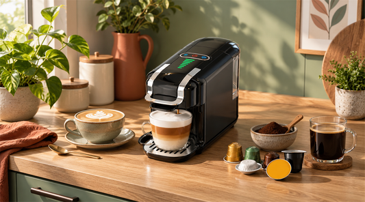 HiBREW H2B multi capsule coffee machine with different coffee pod and ground coffee options.