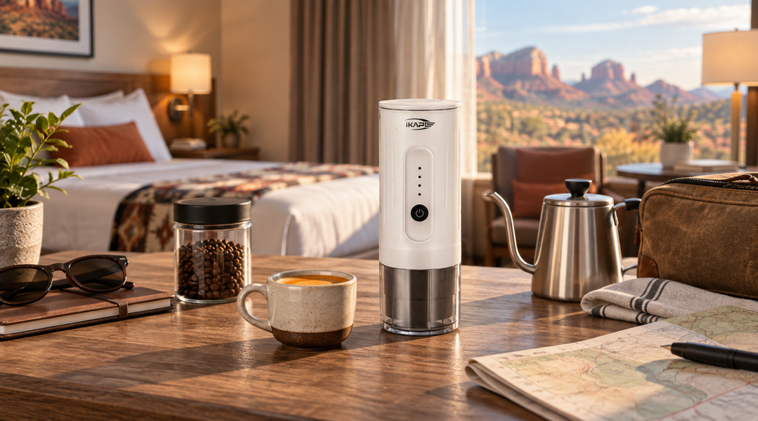 IKAPE portable espresso maker on the road and at hotels for making espresso while traveling.