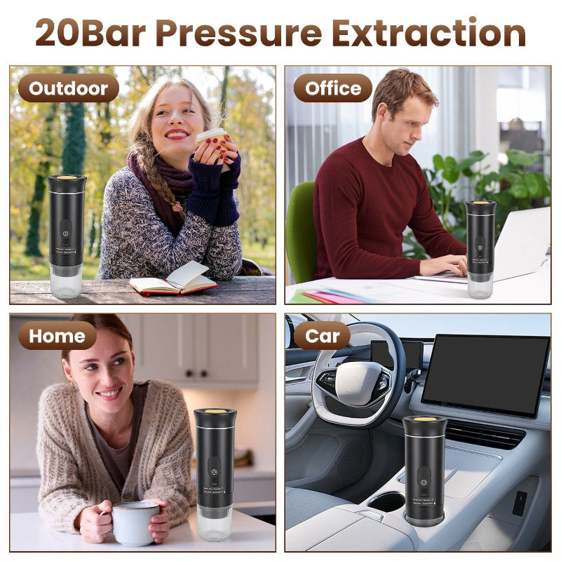 Collage of a person using a black and silver travel mug in various settings: outdoor, office, home, and car.