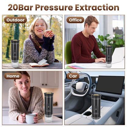 Collage of a person using a black and silver travel mug in various settings: outdoor, office, home, and car.