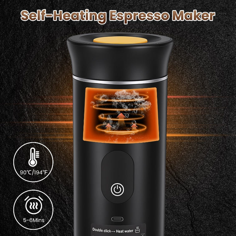 Self-heating espresso maker with heating elements and control button on a dark background