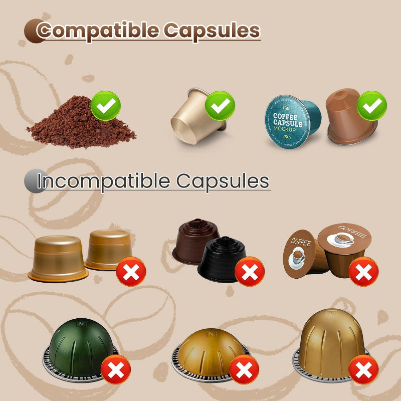Comparison of compatible and incompatible coffee capsule types on a beige background with coffee-related graphics.