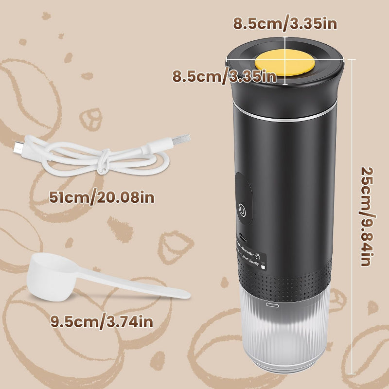 Black coffee maker with measurements on a beige background