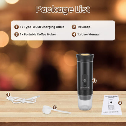 Portable coffee maker with accessories on a wooden surface, featuring a package list above.