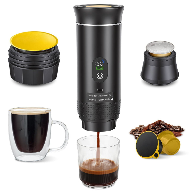 Black portable coffee maker with accessories on a white background
