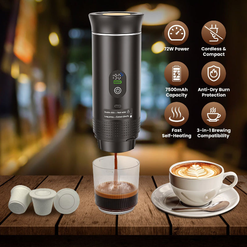 Portable coffee maker dispensing coffee into a glass, with a cup of coffee on a wooden table.