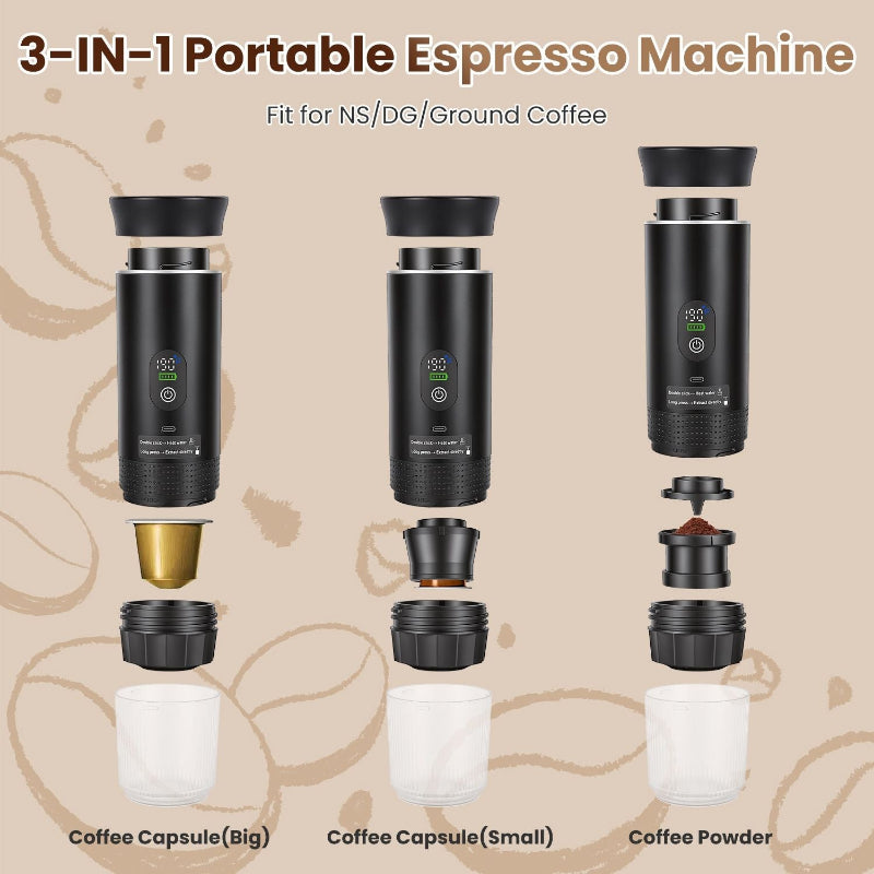 3-IN-1 Portable Espresso Machine with detachable parts on a beige background