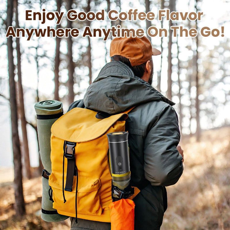 Person with a yellow backpack and coffee thermos in a forest, with text about enjoying coffee on the go.