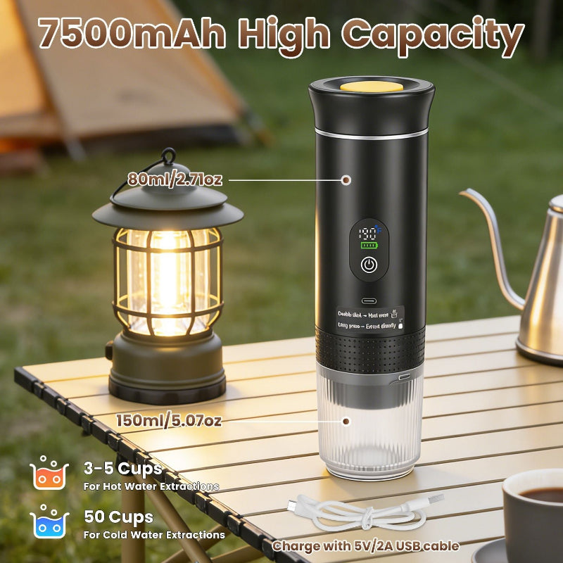 Black portable coffee maker with lantern on a table outdoors, showing capacity and features.