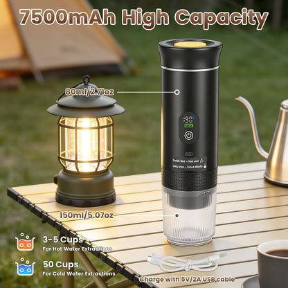 Black portable coffee maker with lantern on a table outdoors, showing capacity and features.