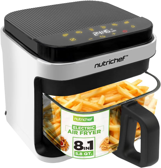 Nutrichef 5.8 Quart Air Fryer with 8-in-1 Preset Cooking Modes and Transparent Fry Bowl for Optimal Results – Ideal for Shrimp, Steak, Fries, Wings, Chicken, and More – Features Precise Temperature Control and Timer – White