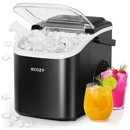 Ecozy Portable Countertop Ice Maker - Produces 8 Cubes in 6 Minutes, 26 lbs/Day, Dual Ice Sizes, Self-Cleaning, with Carry Handle for Home, Kitchen, Parties, and Travel - 2026 Model