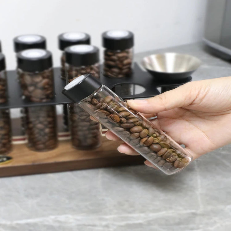 ALIKISSCAFE six-tube coffee bean storage system for home baristas.
