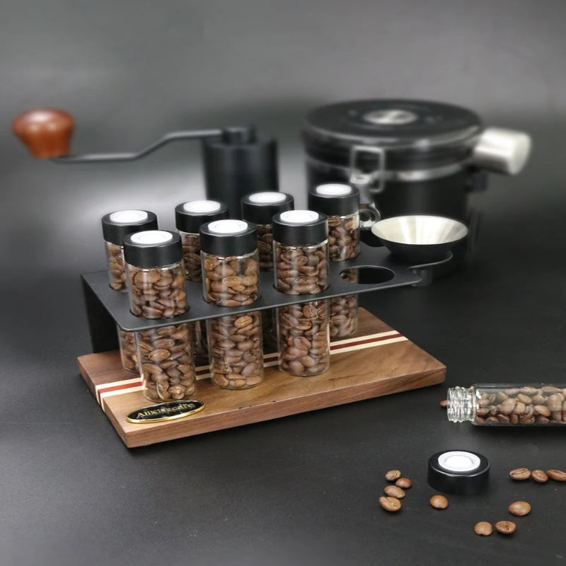Coffee storage tubes with exhaust valves for freshly roasted beans.
