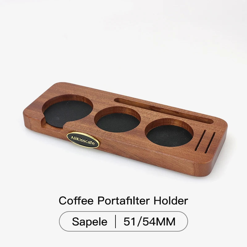 Sapele wood espresso tamping station for home baristas.
