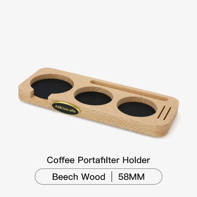 Wooden coffee tamper station compatible with 58mm portafilters.