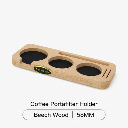 Wooden coffee tamper station compatible with 58mm portafilters.