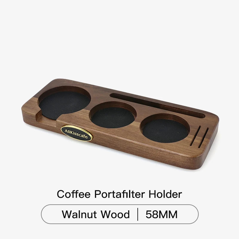 Walnut espresso tamper station for home coffee preparation.