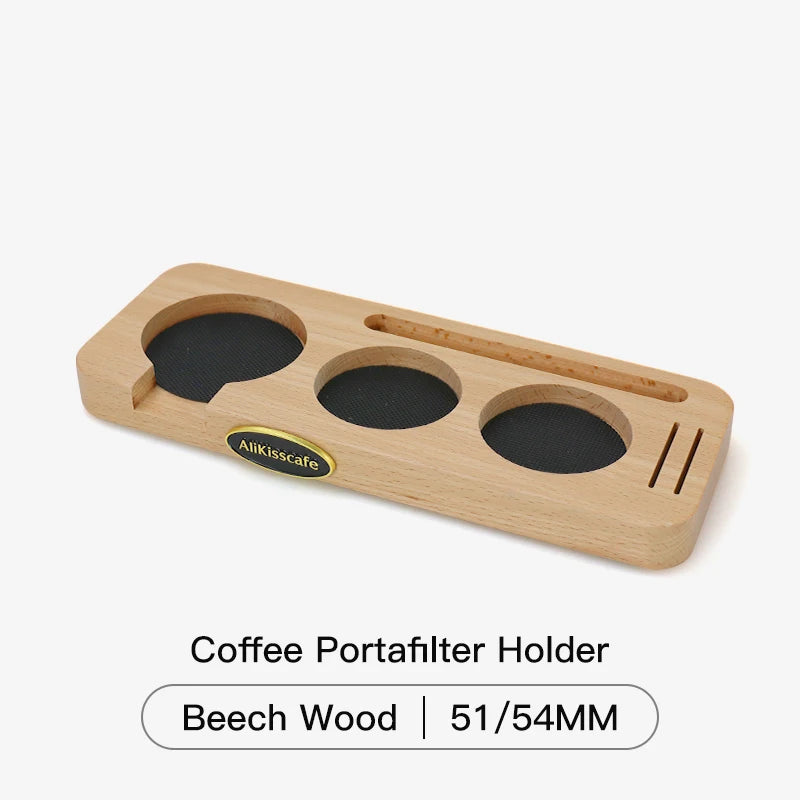 ALIKISSCAFE wooden espresso tamper station and portafilter holder.