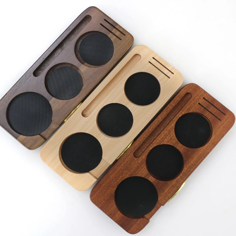 Wooden espresso accessory for organized countertop preparation.