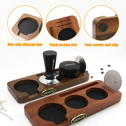 Espresso tamping station designed to support portafilters securely.