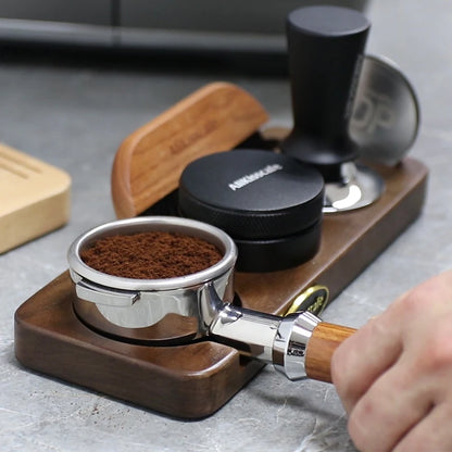 Compact wooden portafilter stand for home coffee bars.