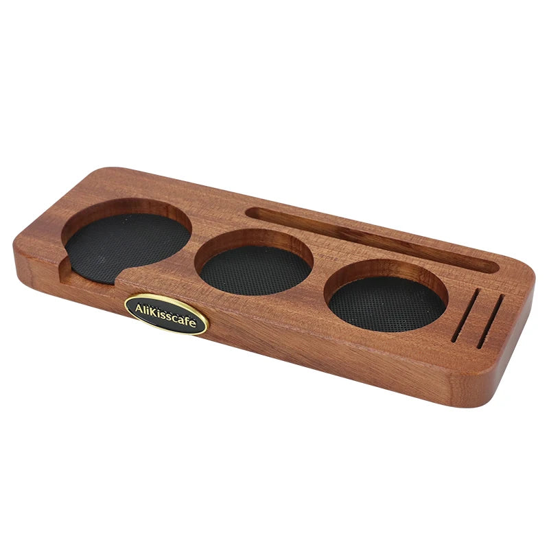 Walnut coffee tamper holder for an organized espresso station.