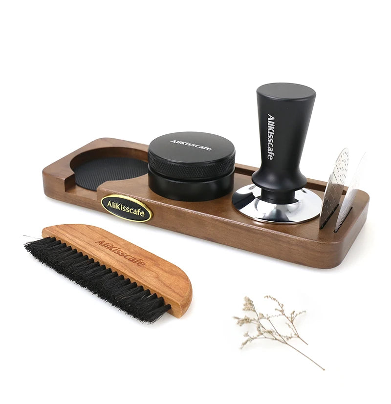 ALIKISSCAFE wooden barista tool for espresso preparation.