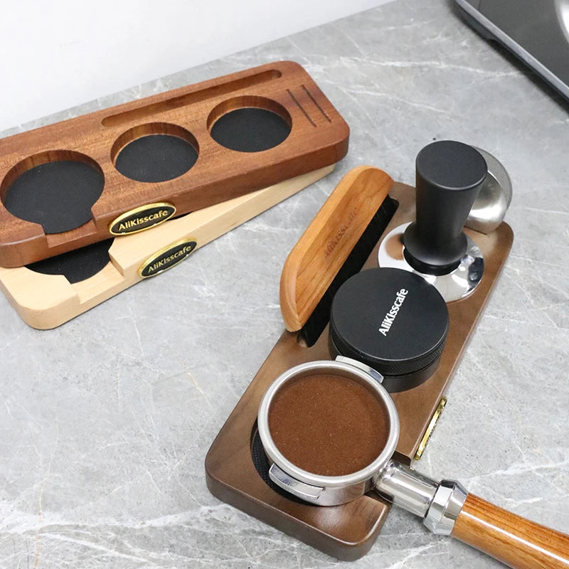 Espresso portafilter support base for stable coffee tamping.