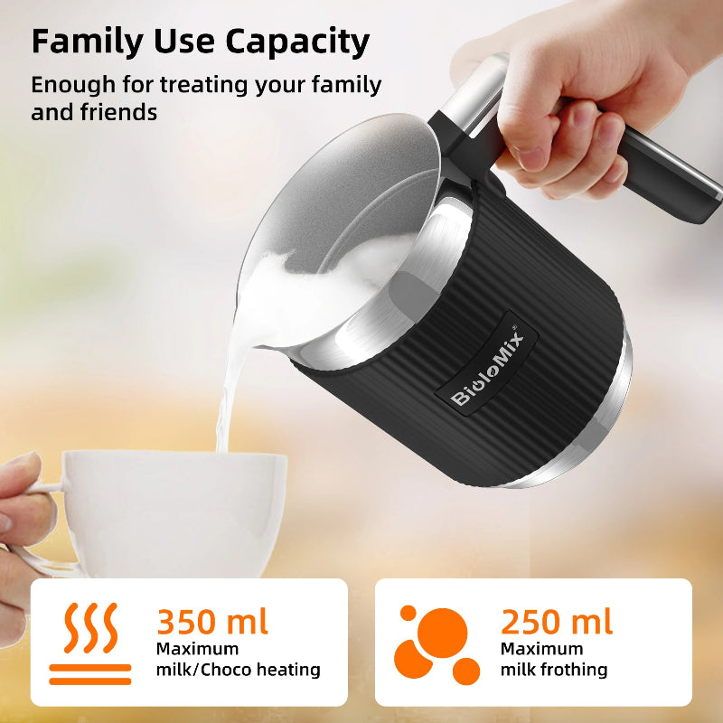 Dishwasher-safe BioloMix milk frother with removable milk jug.