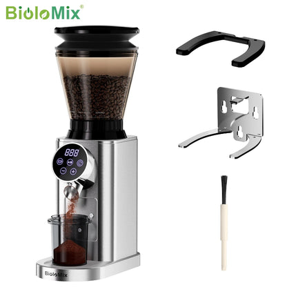 Front view of the BioloMix burr coffee grinder.
