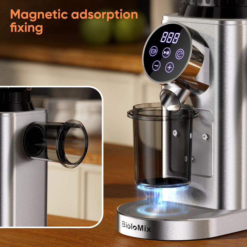 Stainless steel conical burr grinder for consistent coffee grounds.