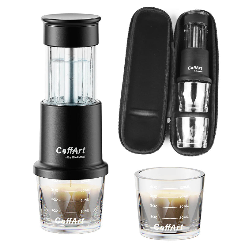 BioloMix portable espresso maker for capsules and ground coffee.
