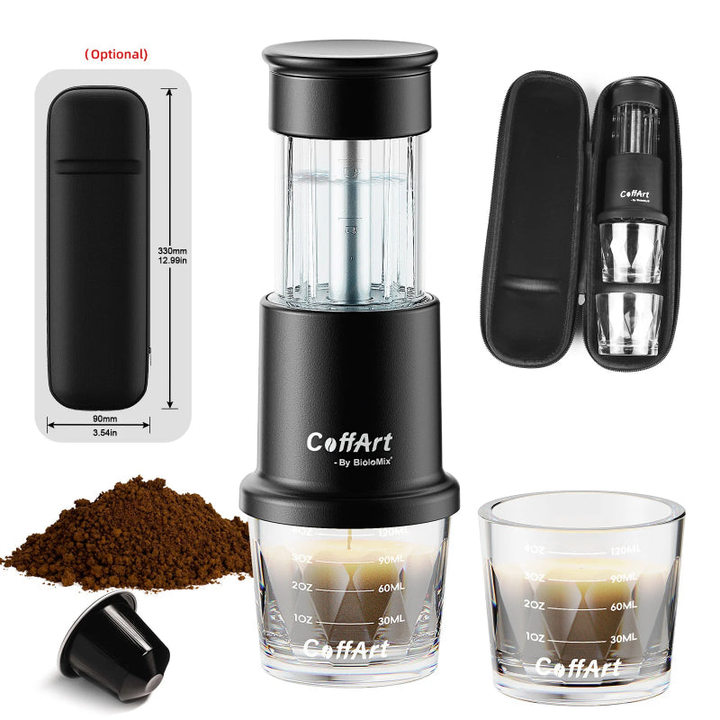 Manual coffee brewer for capsules and ground coffee.