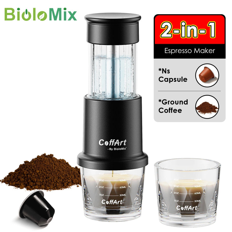 Manual espresso coffee maker designed for camping and travel.