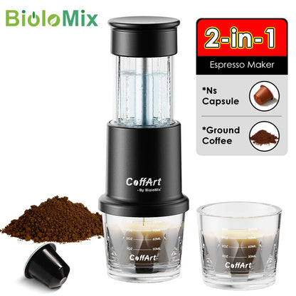 Manual espresso coffee maker designed for camping and travel.