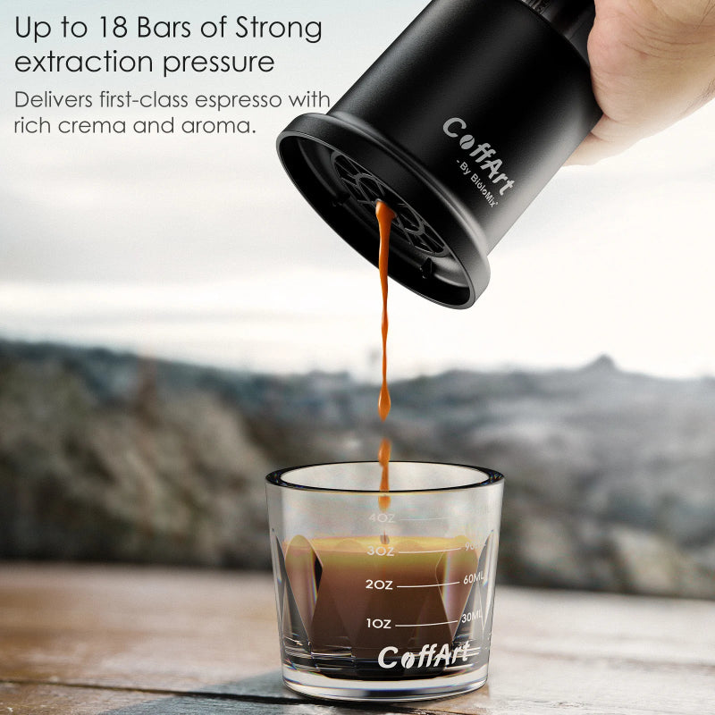 Compact espresso maker for hiking and outdoor adventures.