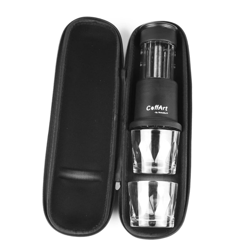 Portable coffee machine compatible with coffee capsules.