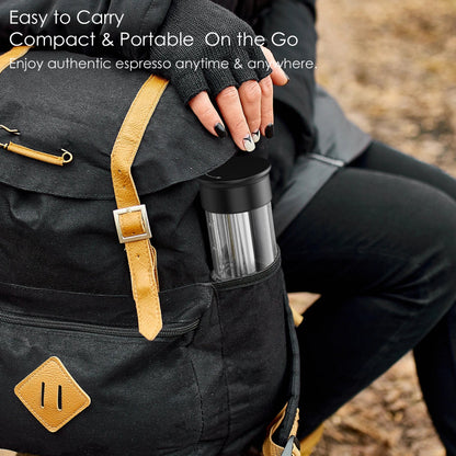 Hand-press espresso maker for fresh coffee anywhere.
