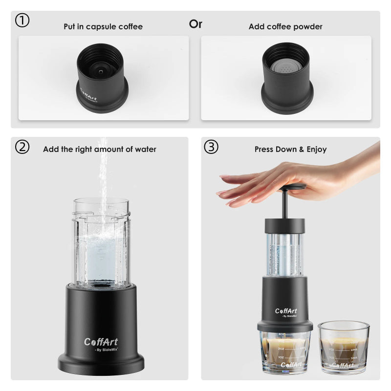 Portable espresso machine for home and outdoor use.