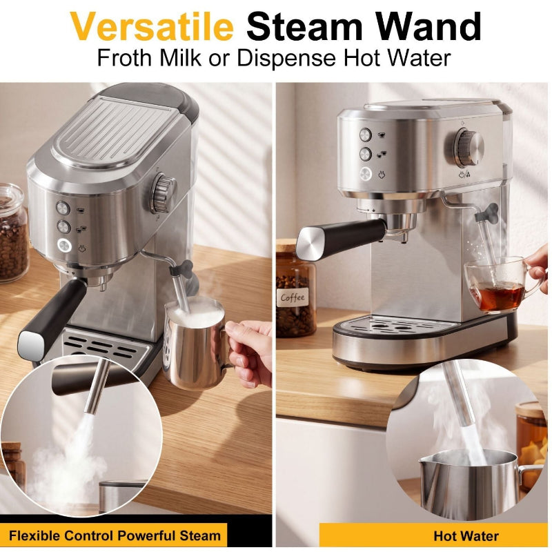 Compact coffee maker with a steam wand for cappuccinos.