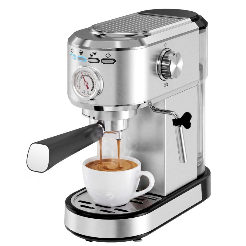 A stainless steel espresso machine with a black base and handle, shown dispensing espresso into a white ceramic cup against a solid white background.