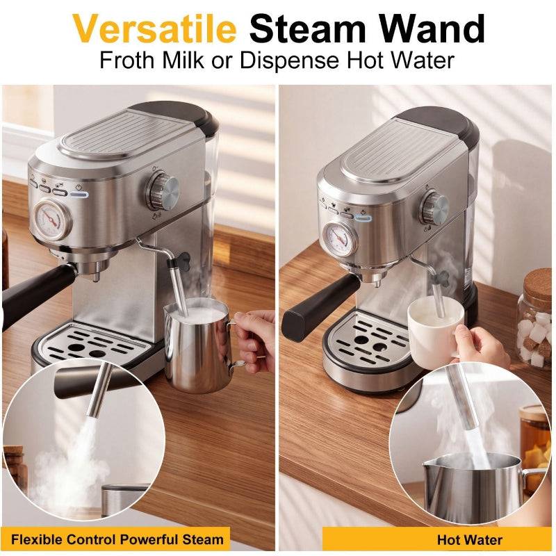 Versatile stainless steel steam wand set shown in two usage panels on a wooden countertop, with text reading 'Versatile Steam Wand' and 'Froth Milk or Dispense Hot Water.' The left panel shows steaming milk, and the right panel shows dispensing hot water.