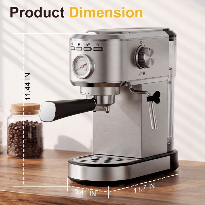 A stainless steel espresso machine on a wooden table with overlaid dimension lines showing height, width, and depth, plus the text 'Product Dimension.' A small jar of coffee beans sits to the left as a prop.