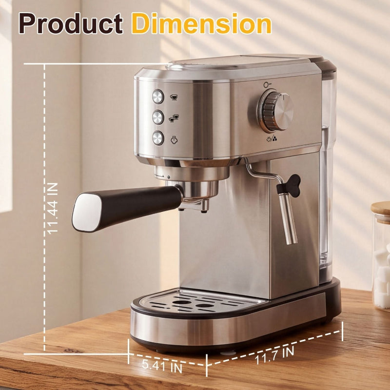Silver espresso machine for preparing coffee at home.