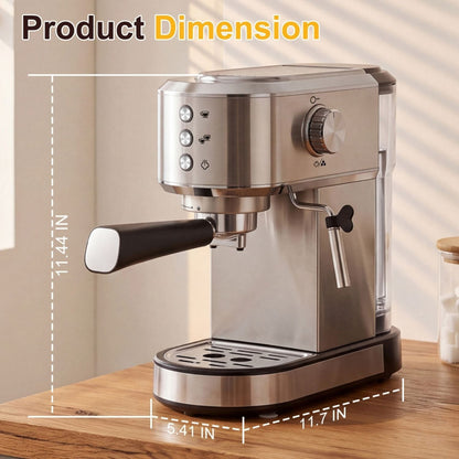 Silver espresso machine for preparing coffee at home.